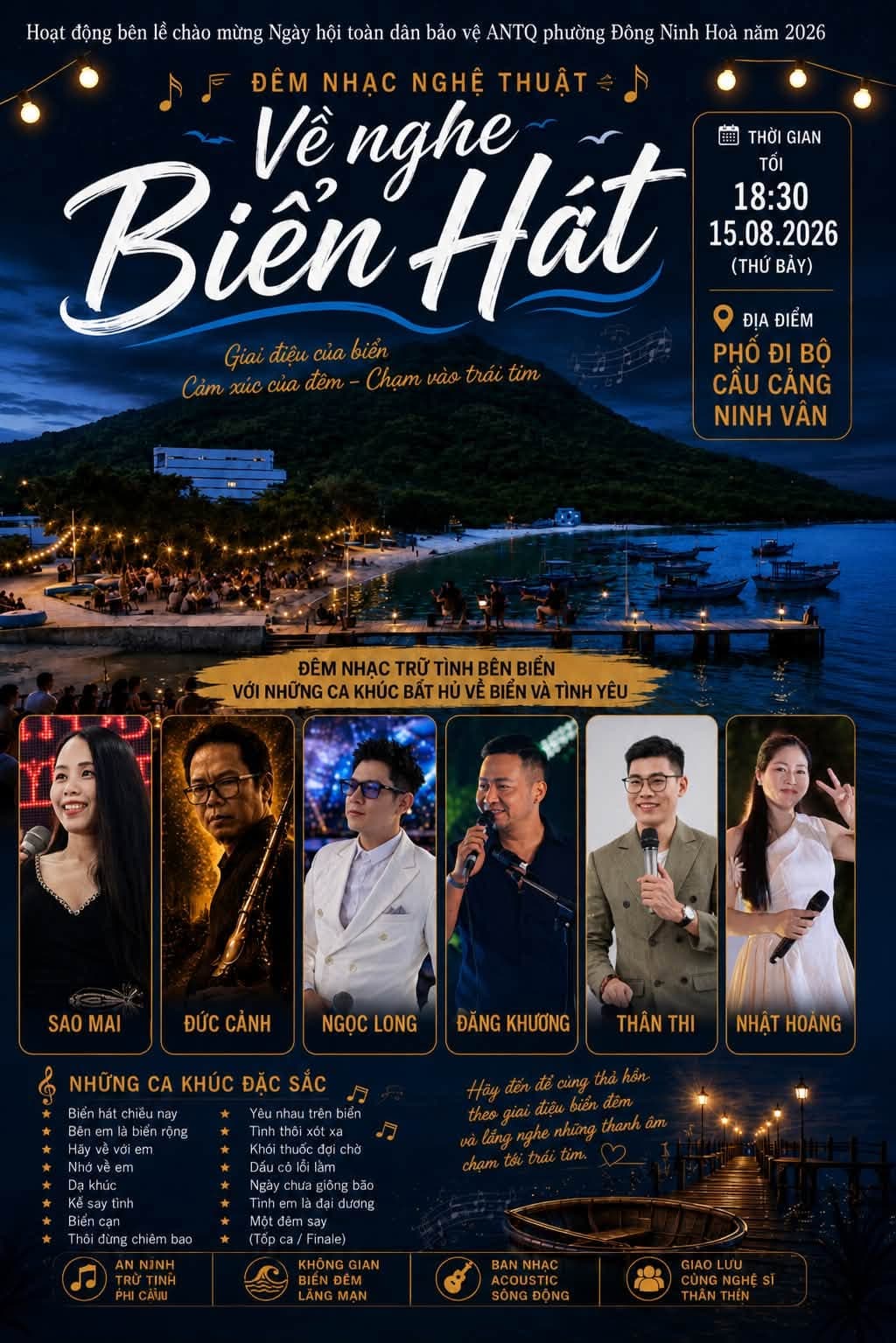 Poster đêm nhạc nghệ thuật Về nghe Biển Hát tại Phố đi bộ Cầu cảng Ninh Vân tối 15/8/2026