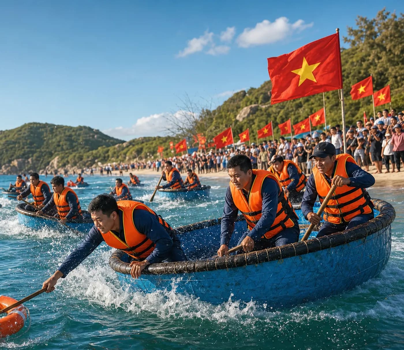 Các đội thuyền thúng phối hợp cứu hộ trên biển trong không khí sôi động
